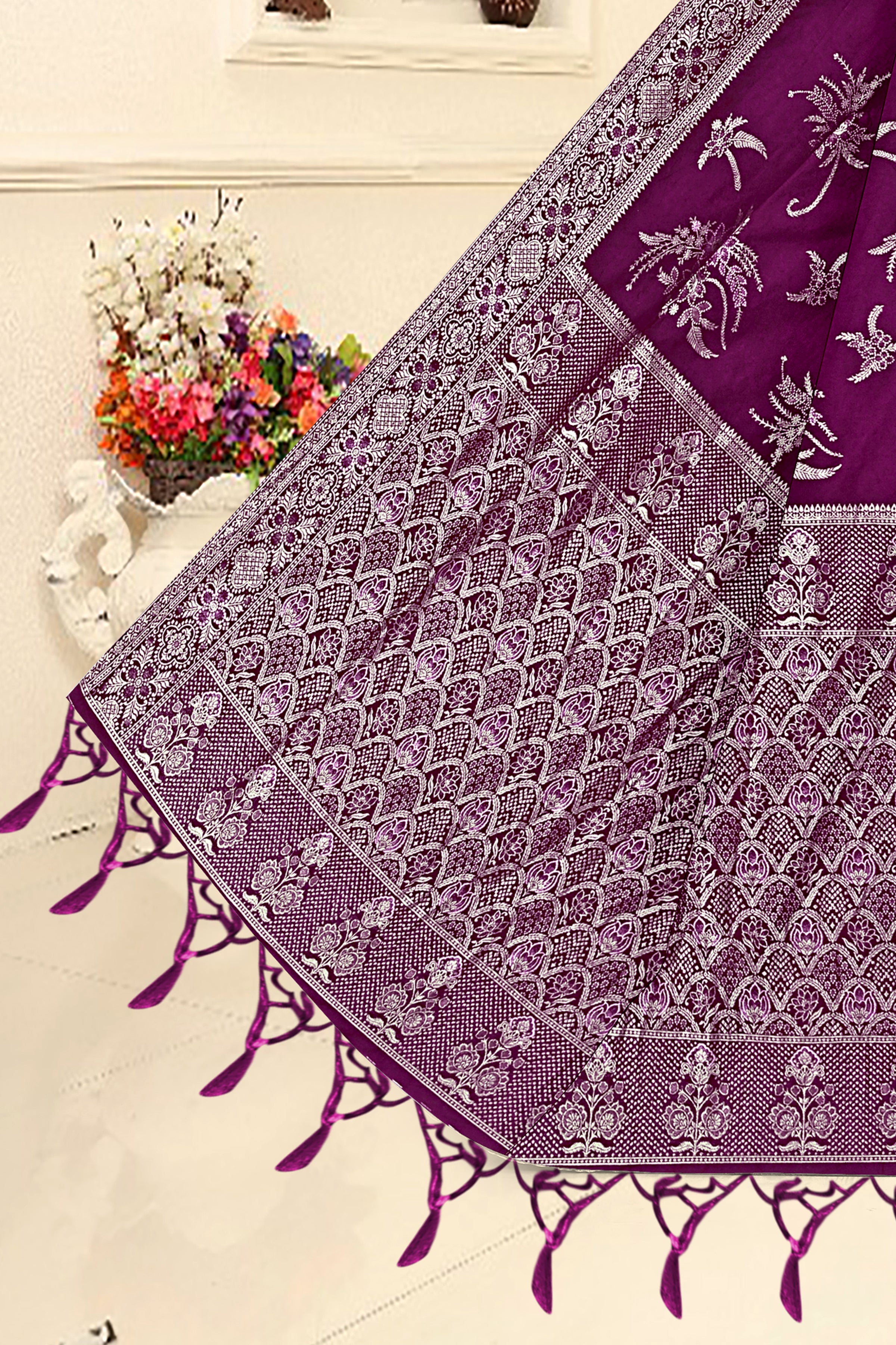 Royal Plum Blossom Banarasi Saree – Purple
