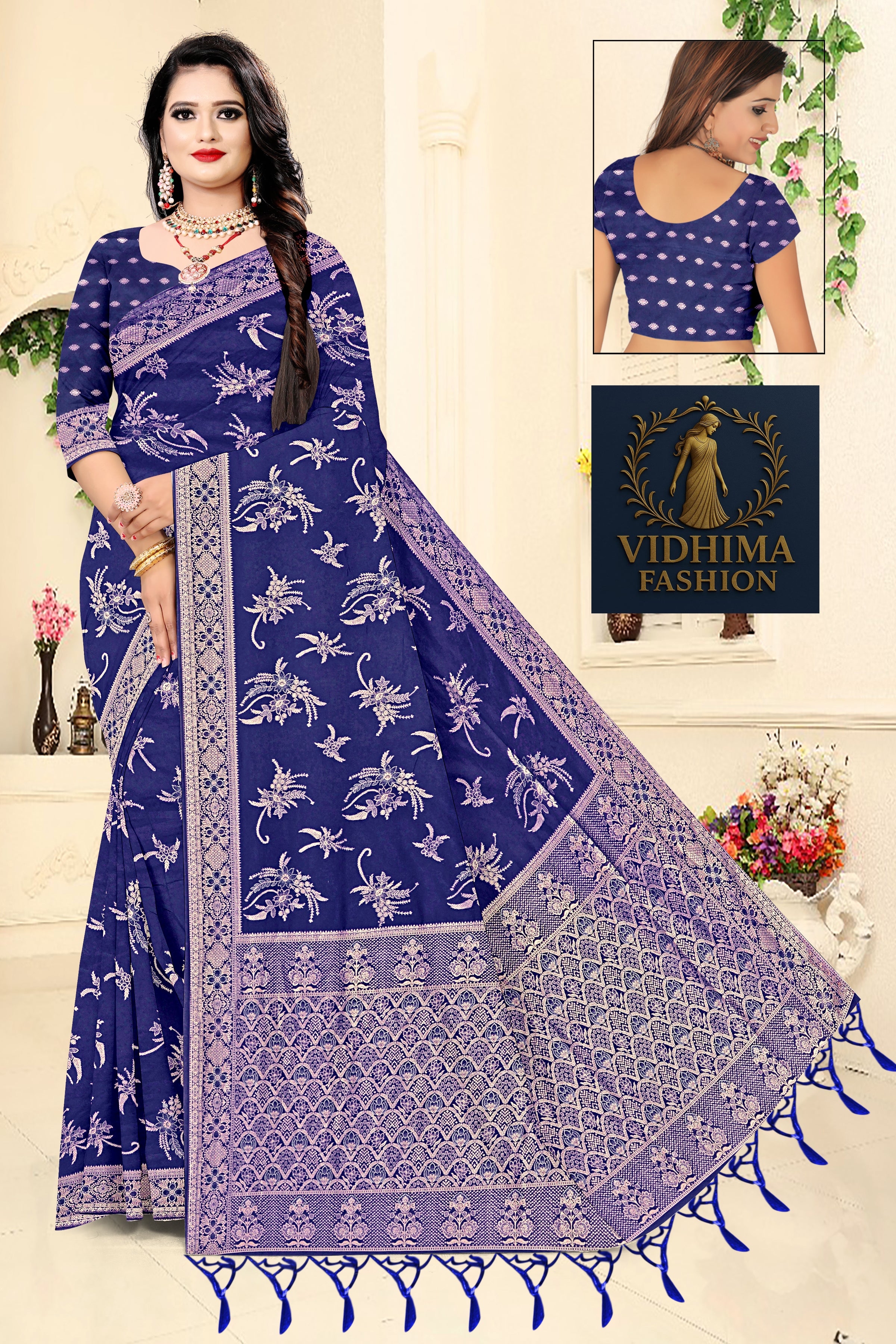 Royal Bloom Banarasi Saree – Midnight Blue