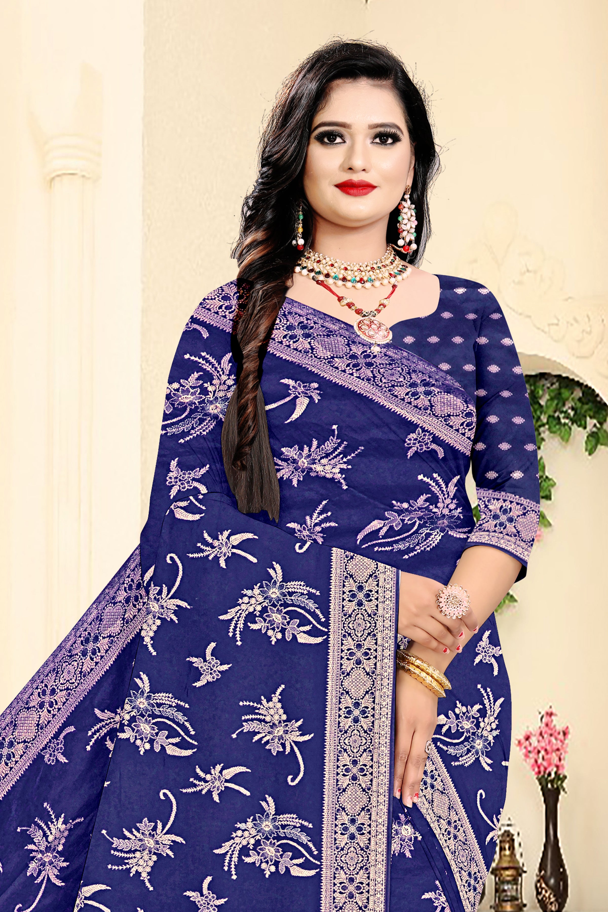 Royal Bloom Banarasi Saree – Midnight Blue