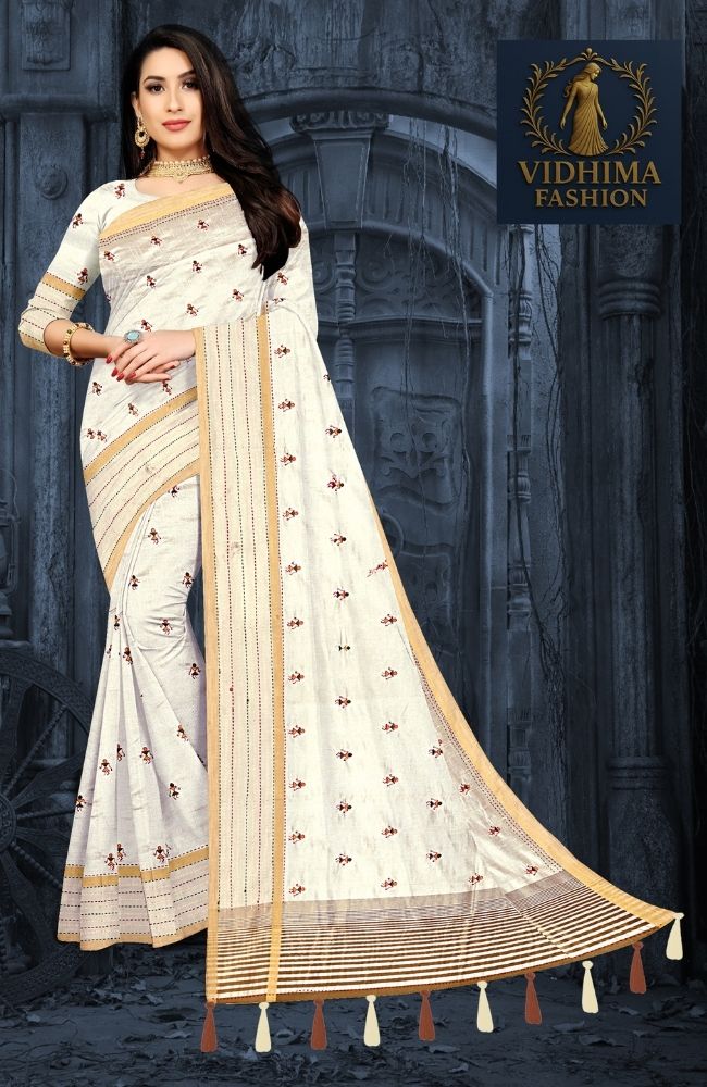 Ivory White Silk Saree with Minimal Motif and Striped Pallu
