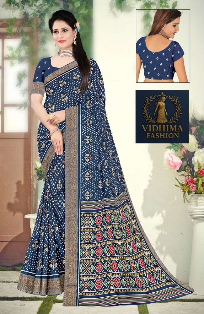 Navy Blue Bandhani Printed Saree with Patola-Style Pallu