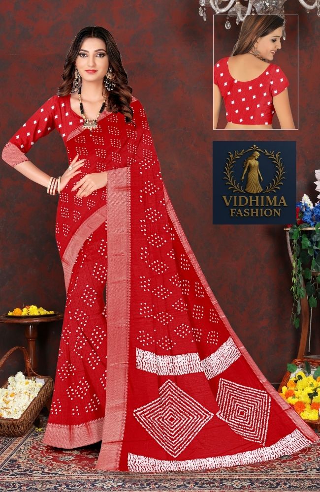 Classic Red Bandhani Cotton Saree with Zari Border
