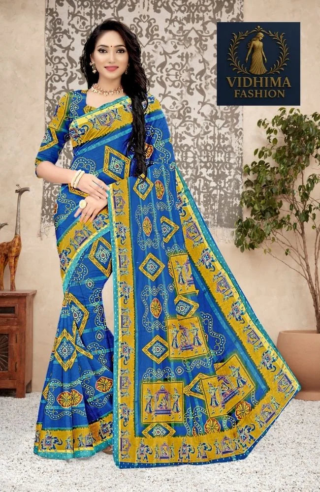 Royal Blue Rajasthani Printed Art Cotton Saree