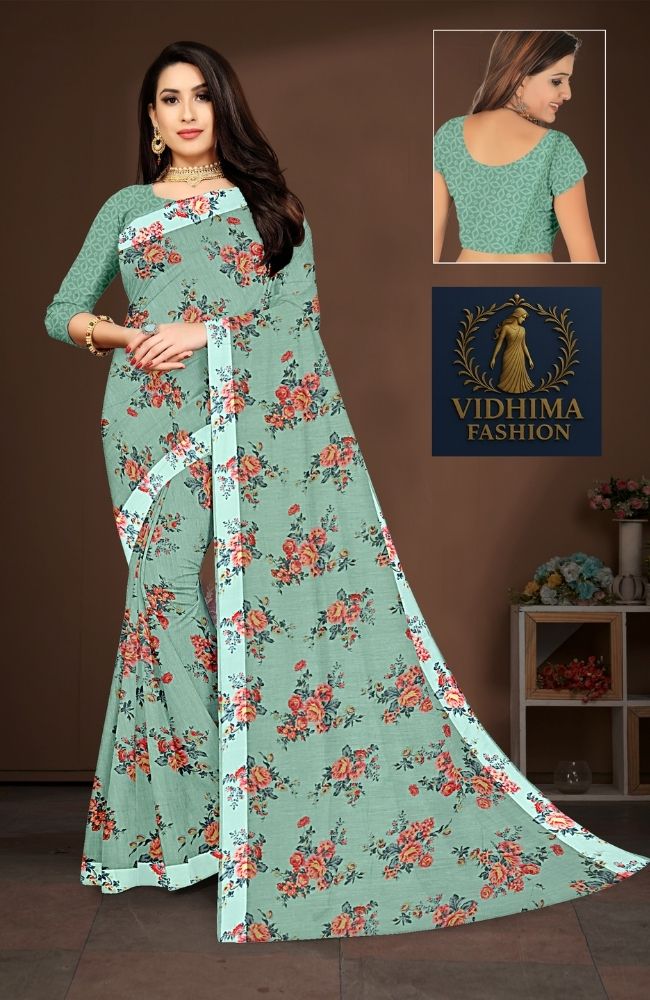 Pastel Green Floral Printed Cotton Saree