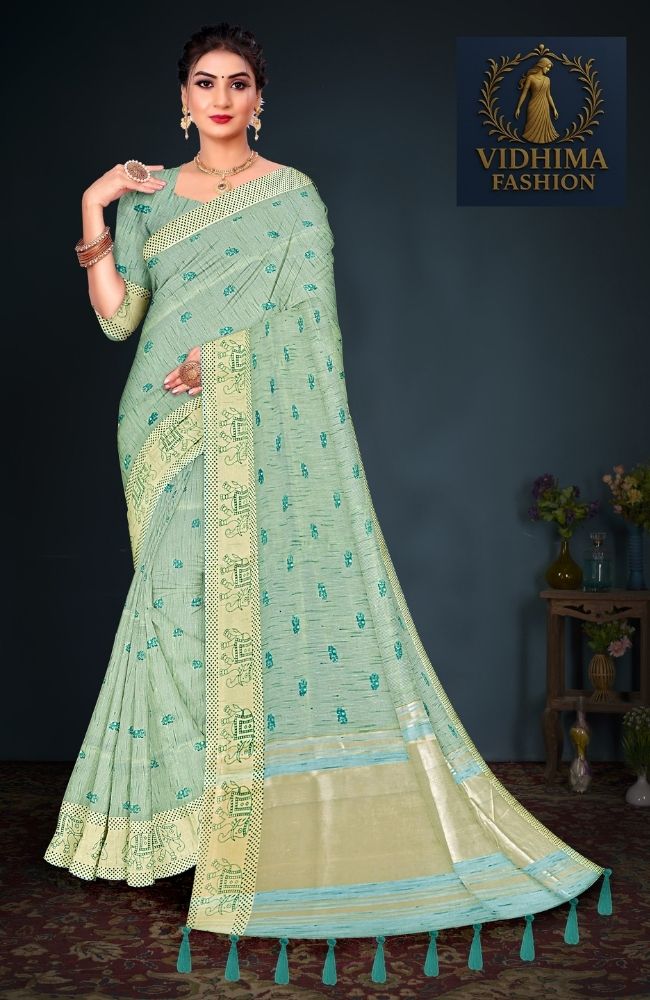 Pista Green Woven Saree with Elephant Motif Border
