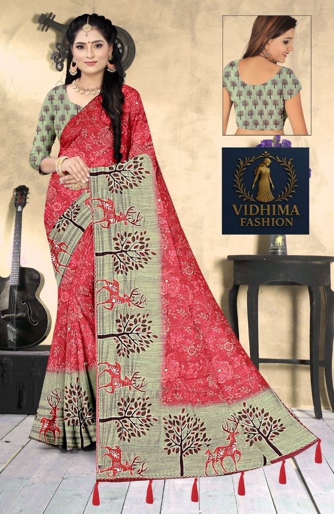 Rust Red & Olive Green Fancy Jorjat Saree with Deer Motif Pallu