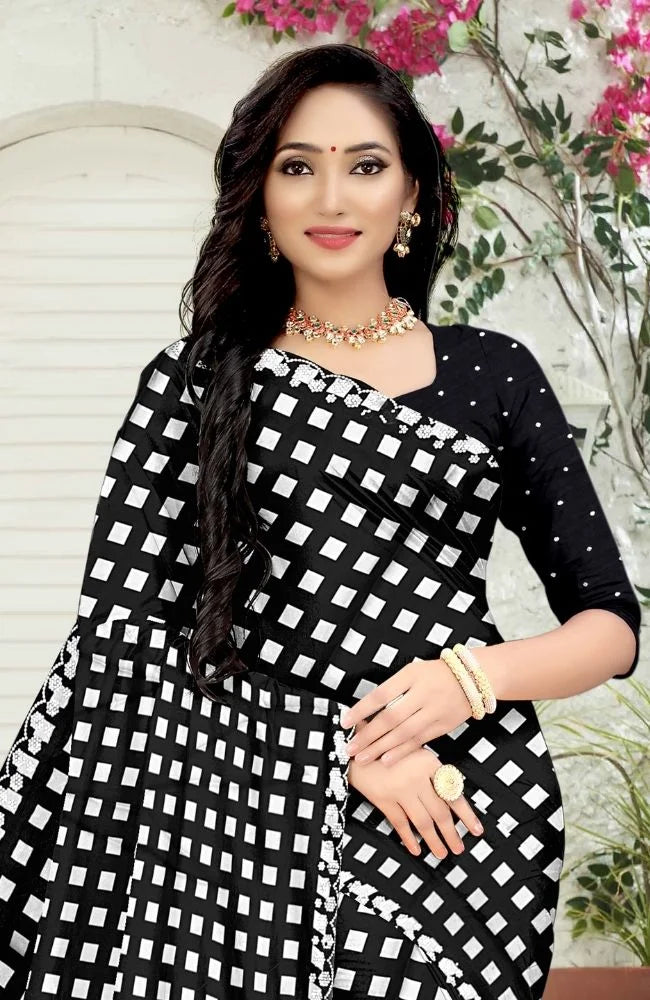 Black & White Designer Checkered Silk Saree with Embroidered Blouse