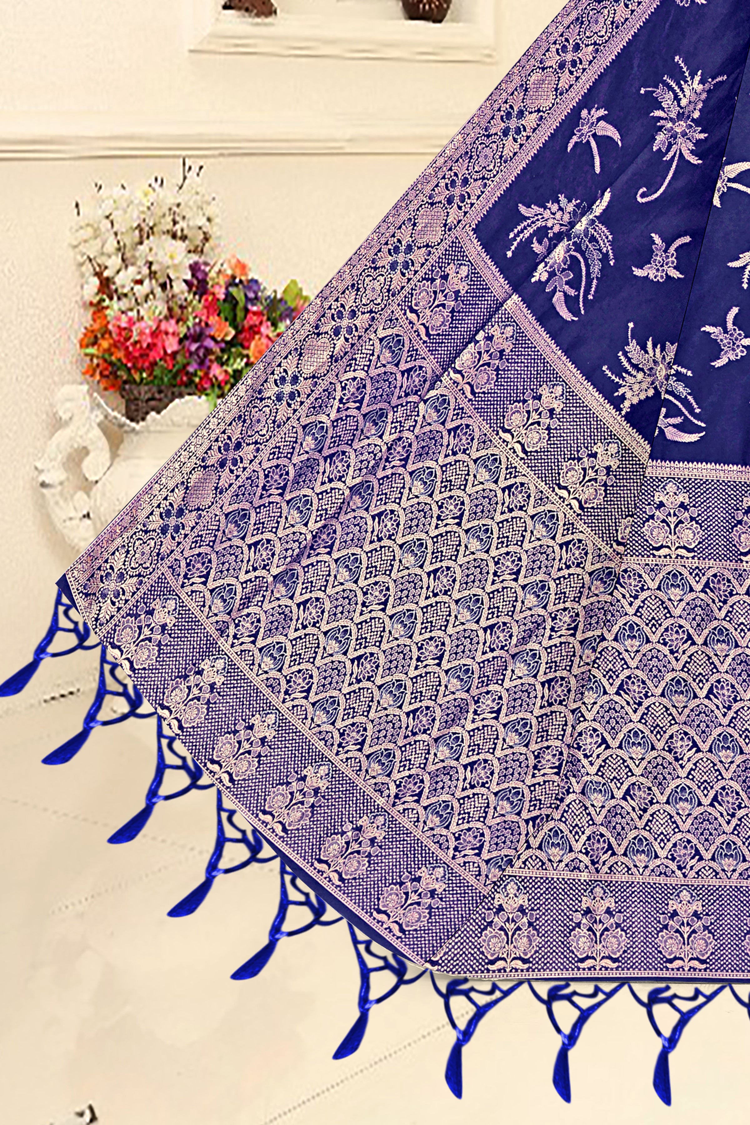 Royal Bloom Banarasi Saree – Midnight Blue