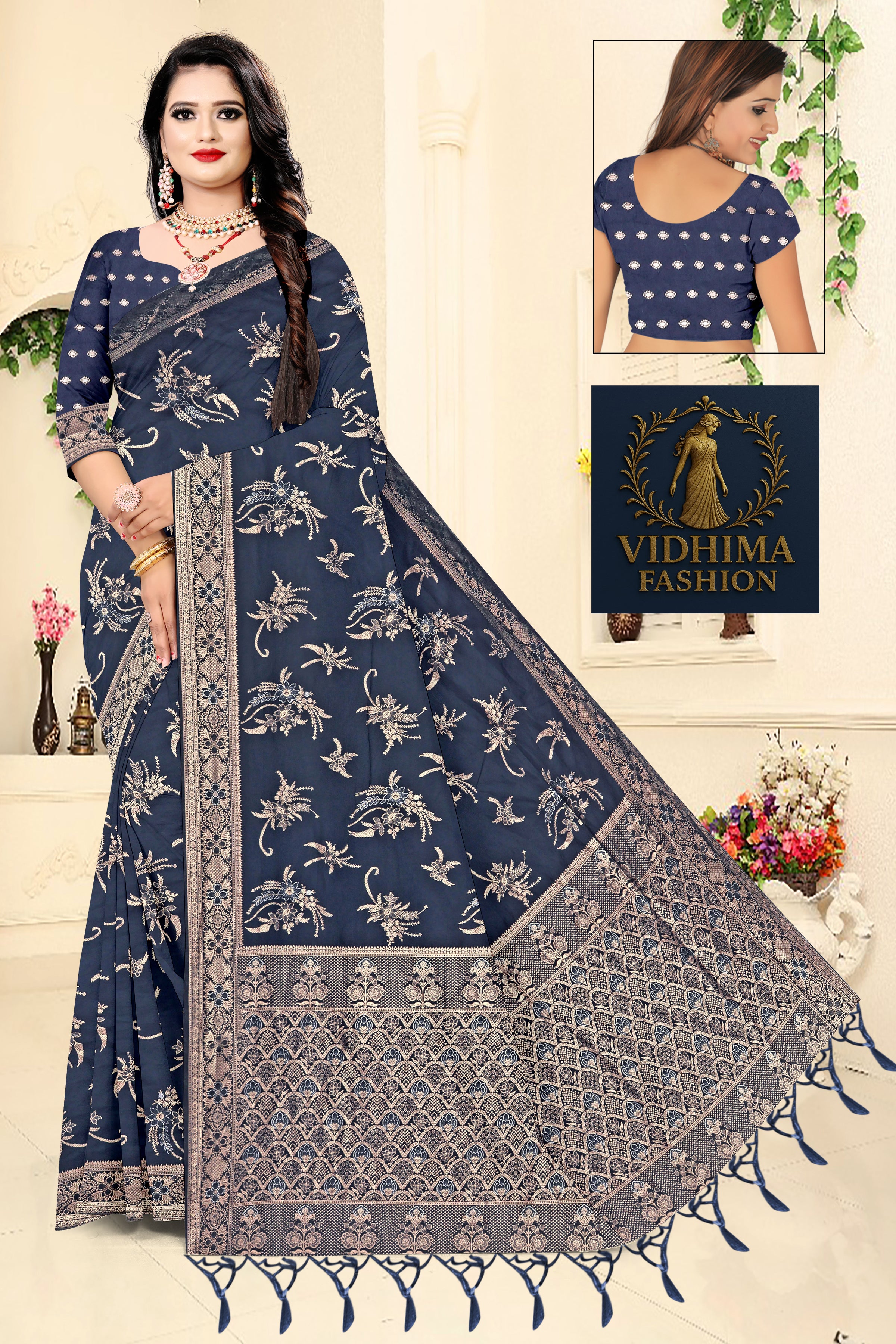 Elegant Weave Banarasi Saree – Ink Blue