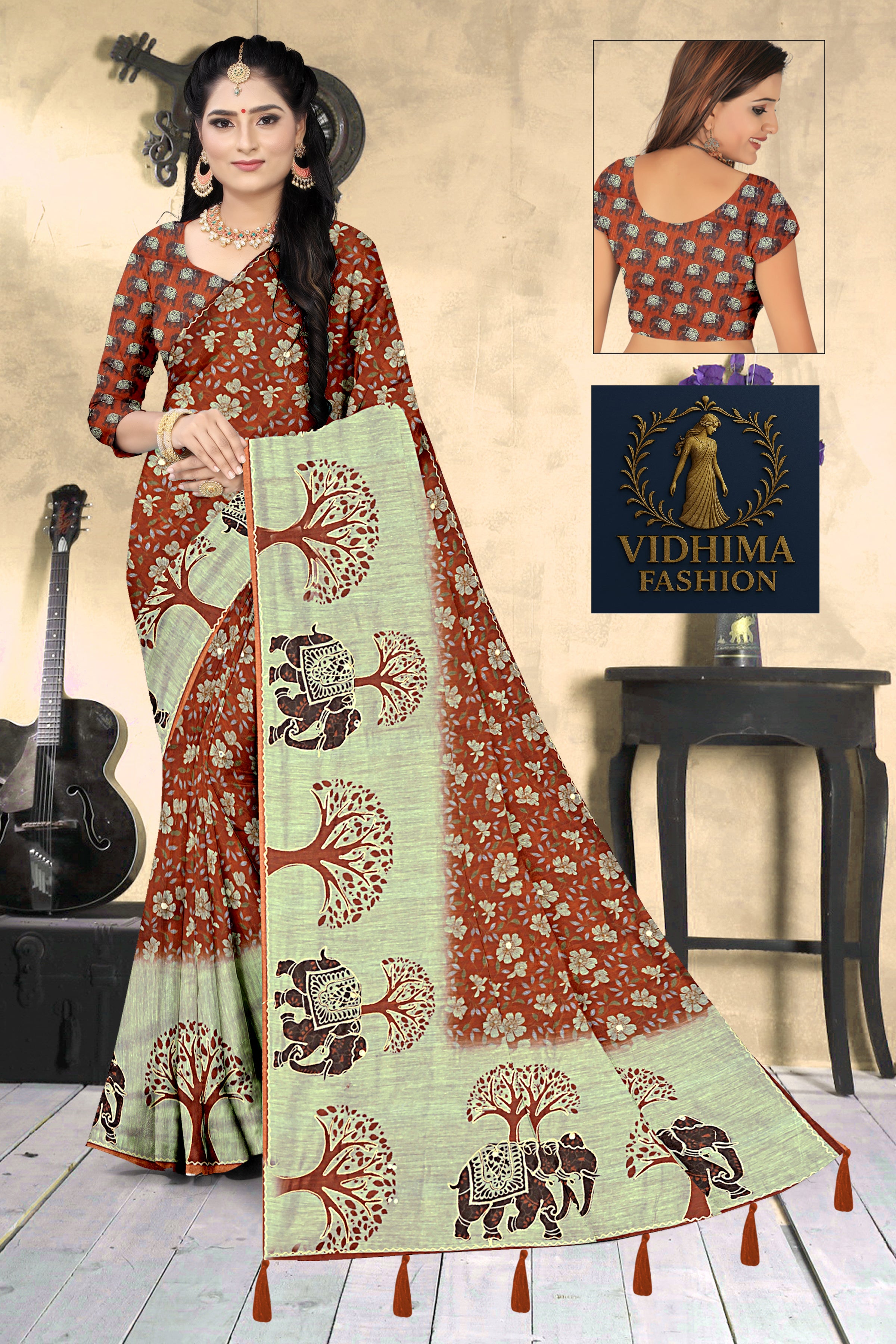 Rust Brown & Green Elephant Print Georgette Saree