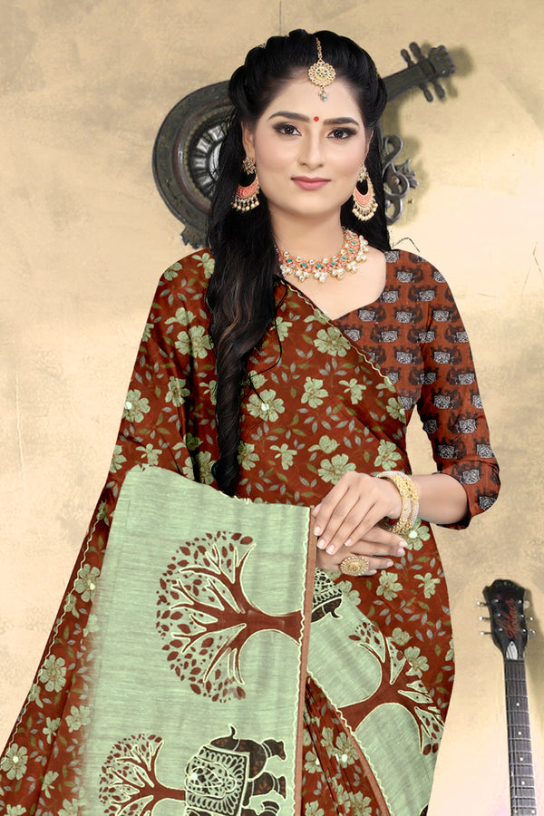 Rust Brown & Green Elephant Print Georgette Saree