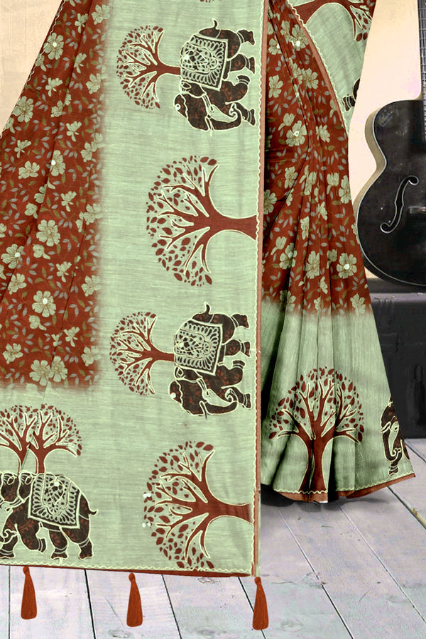 Rust Brown & Green Elephant Print Georgette Saree