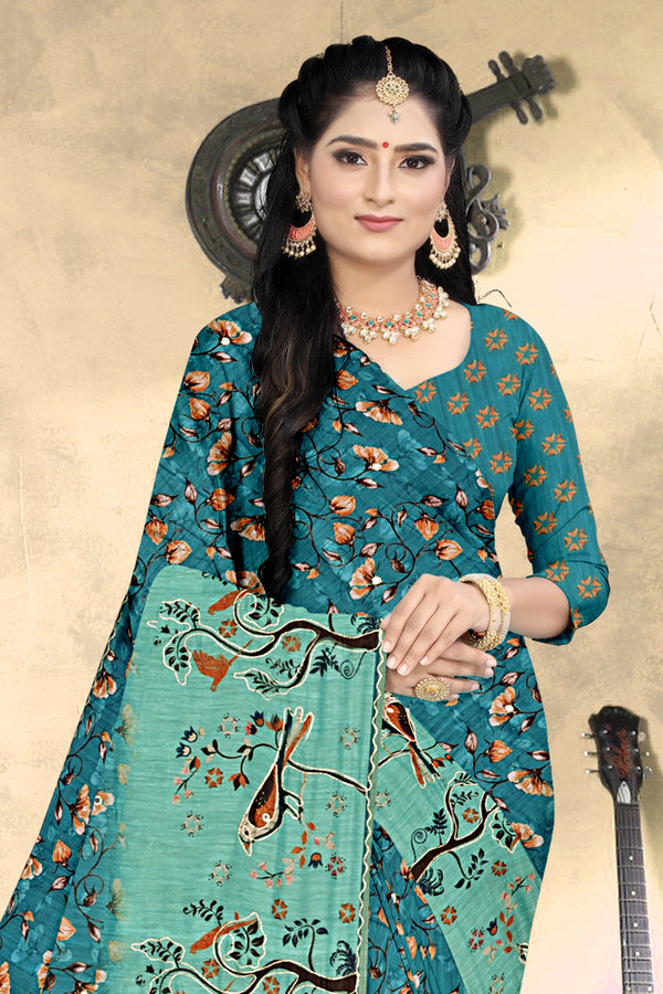 Teal Blue Bird Print Georgette Saree