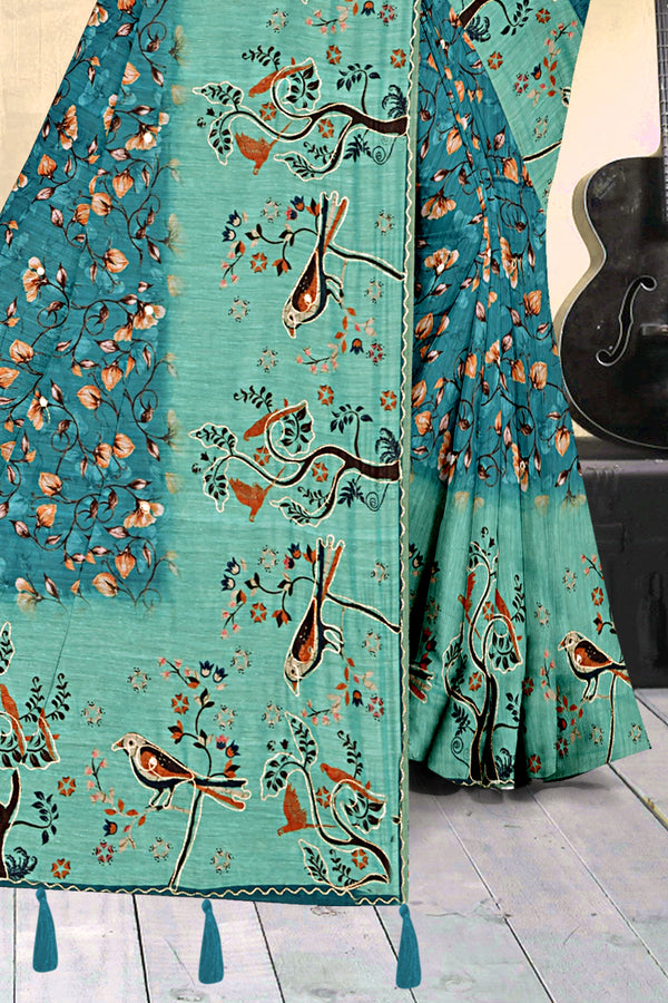 Teal Blue Bird Print Georgette Saree