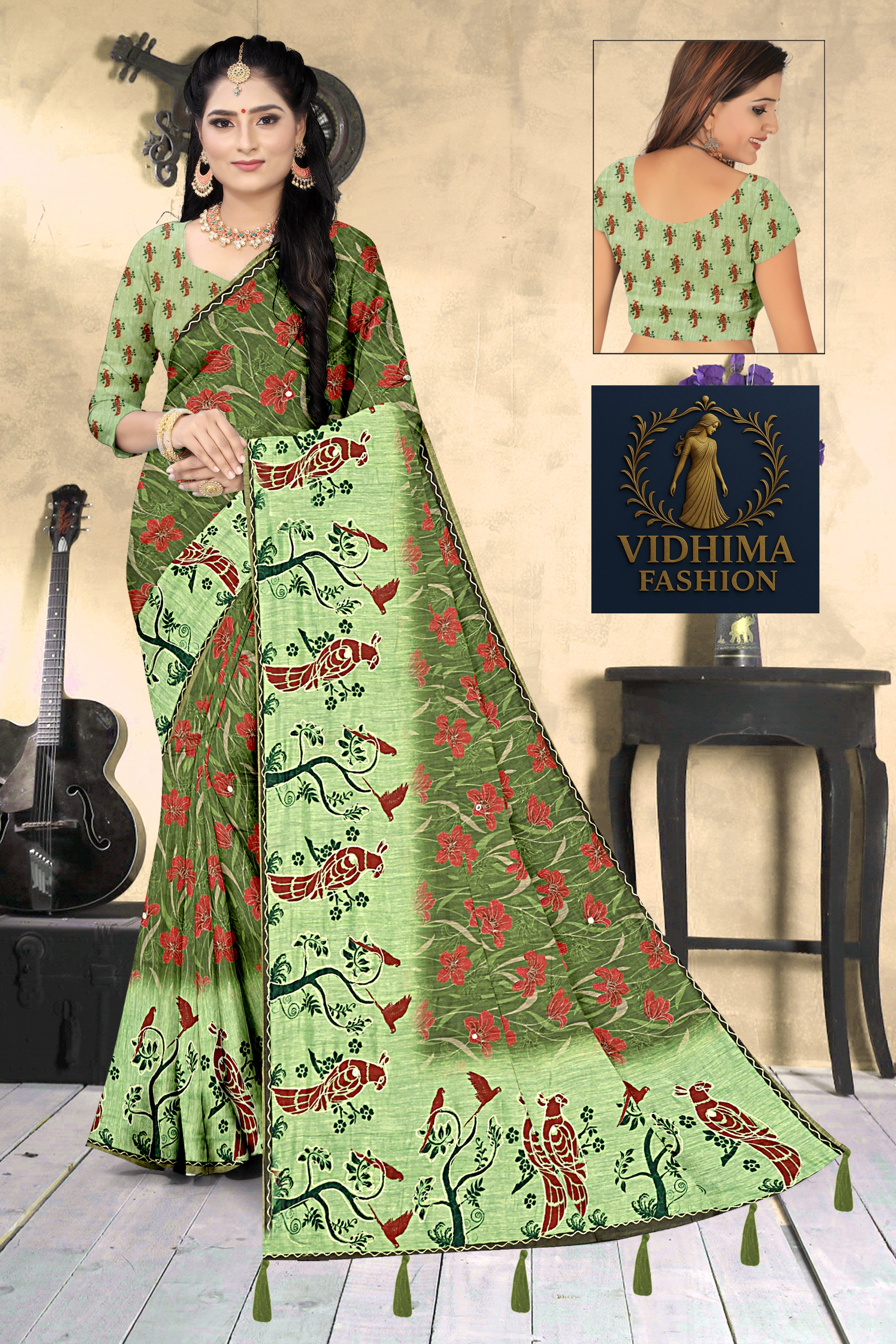 Leaf Green Parrot & Floral Print Georgette Saree
