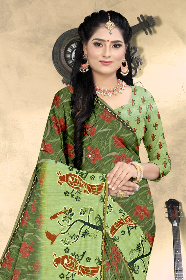 Leaf Green Parrot & Floral Print Georgette Saree