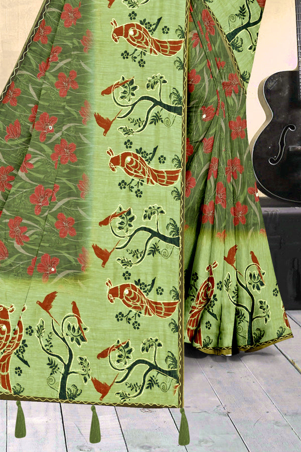 Leaf Green Parrot & Floral Print Georgette Saree