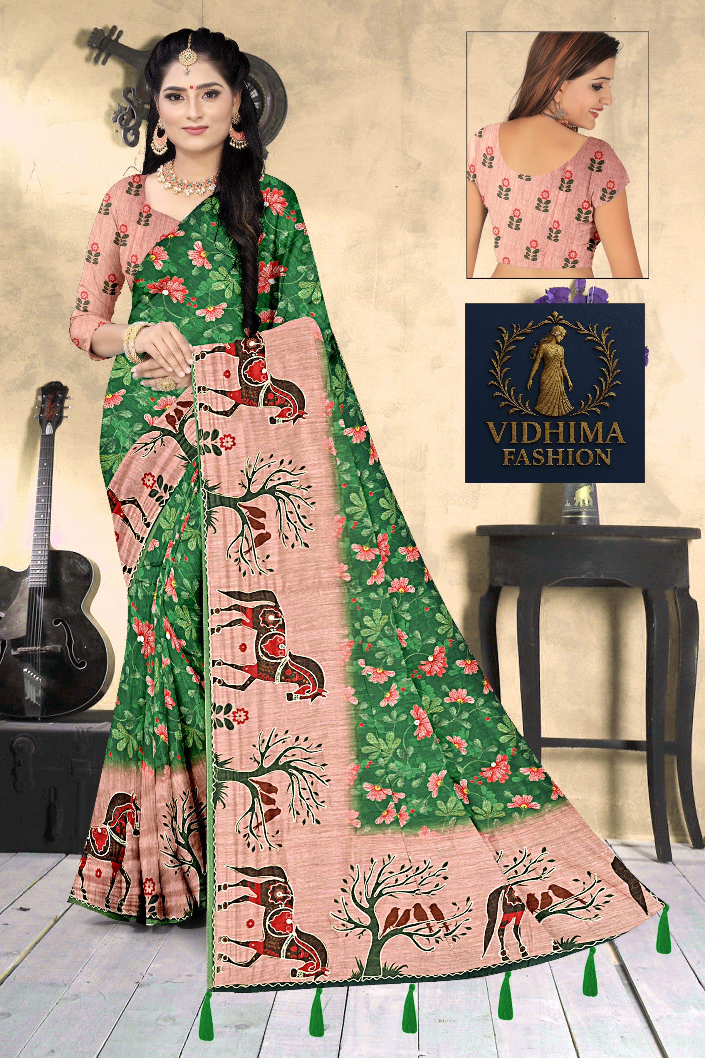Bottle Green Floral & Horse Print Georgette Saree