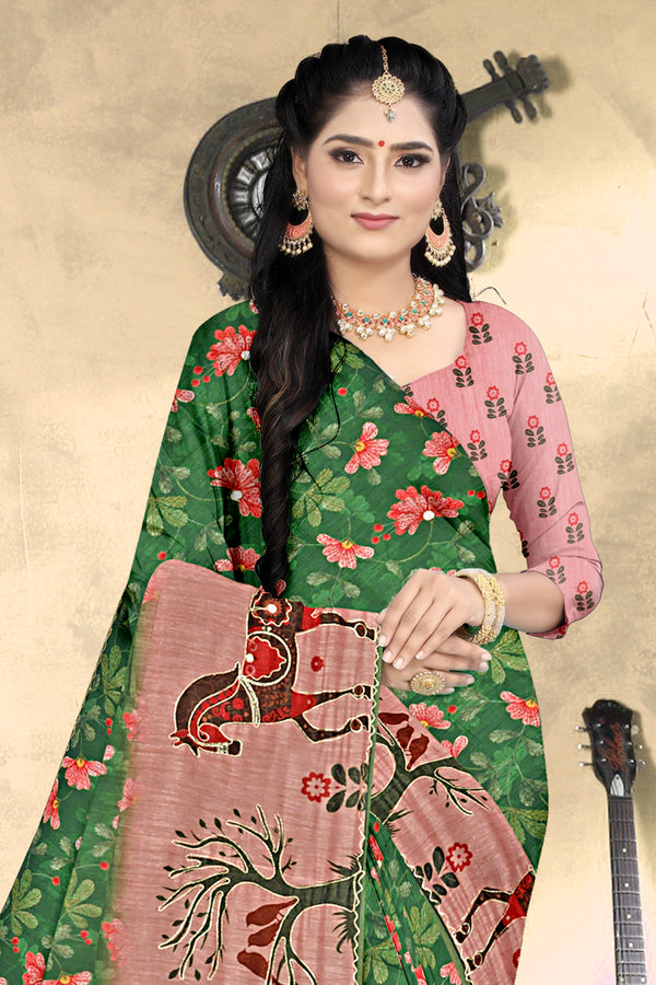Bottle Green Floral & Horse Print Georgette Saree