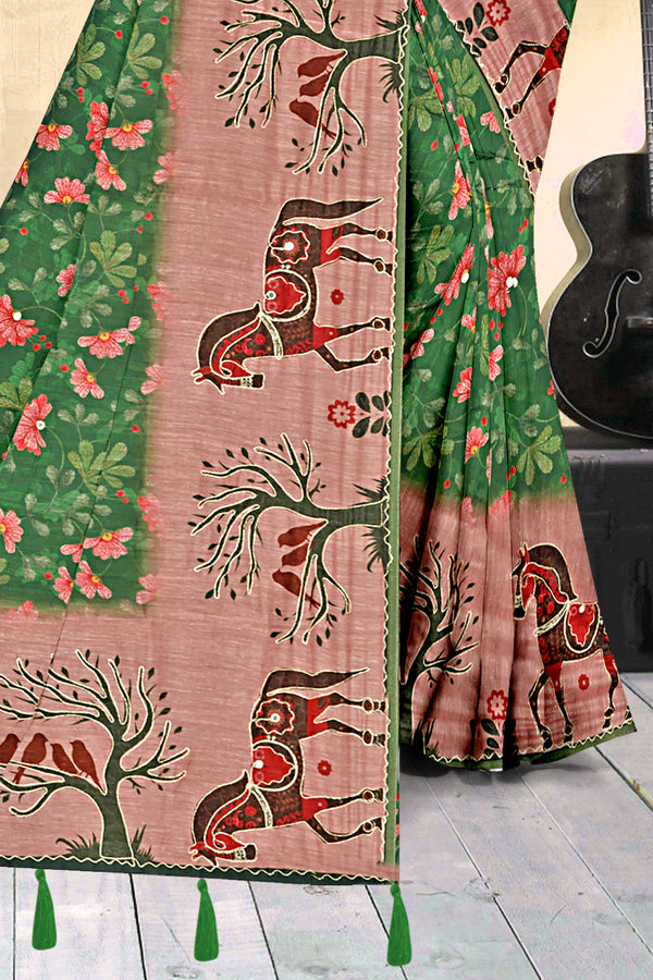 Bottle Green Floral & Horse Print Georgette Saree