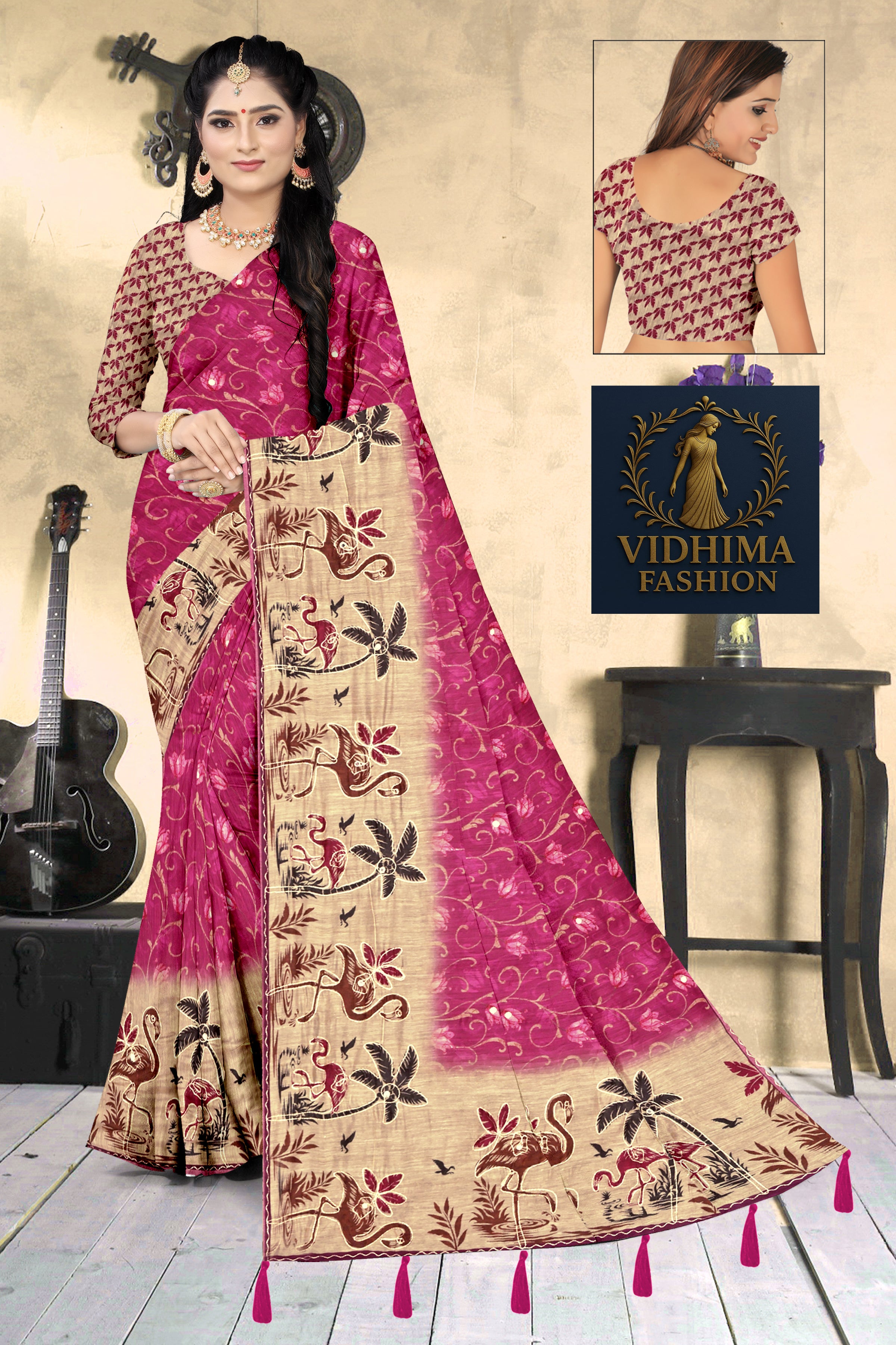 Magenta Beige Flamingo Print Georgette Saree