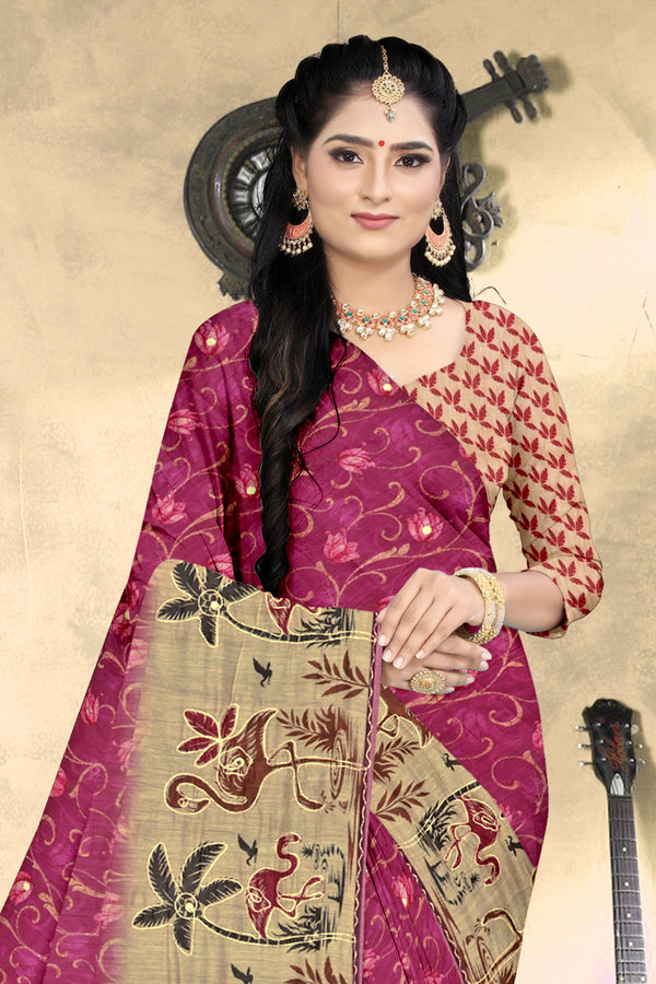 Magenta Beige Flamingo Print Georgette Saree