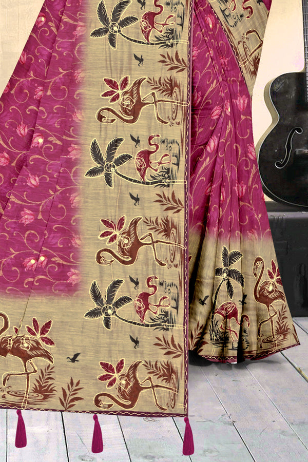 Magenta Beige Flamingo Print Georgette Saree
