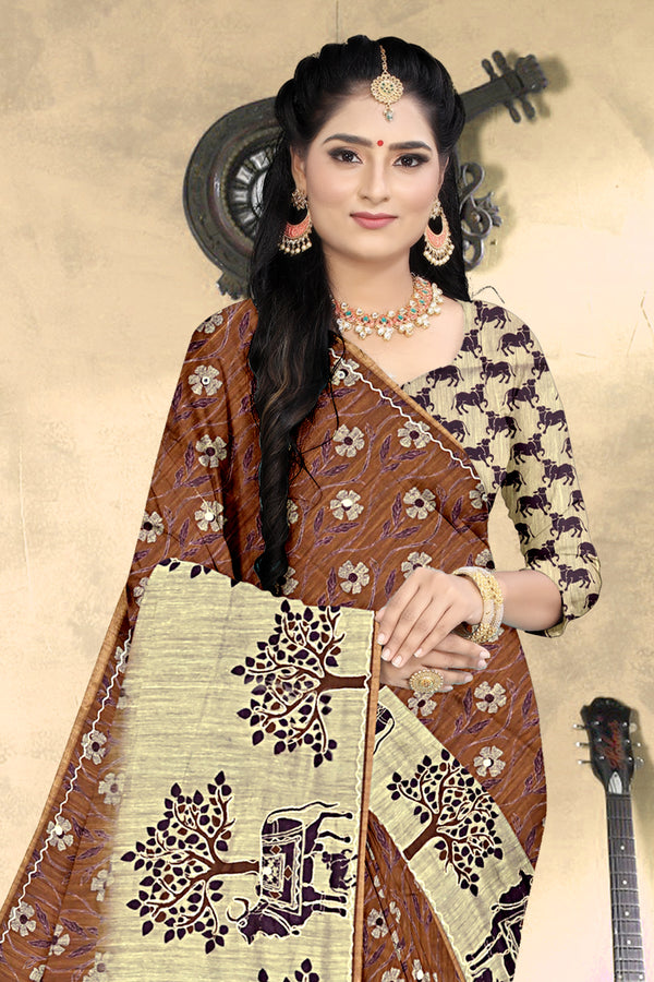 Coffee Brown & Beige Cow Print Georgette Saree