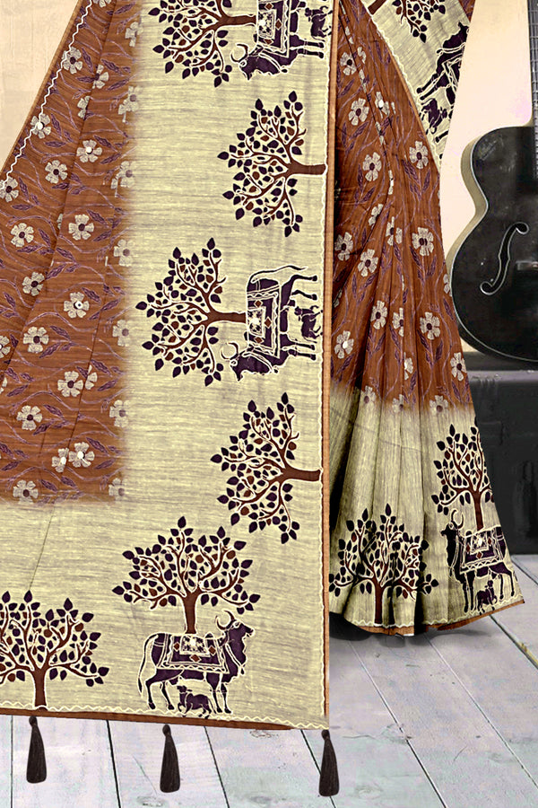 Coffee Brown & Beige Cow Print Georgette Saree