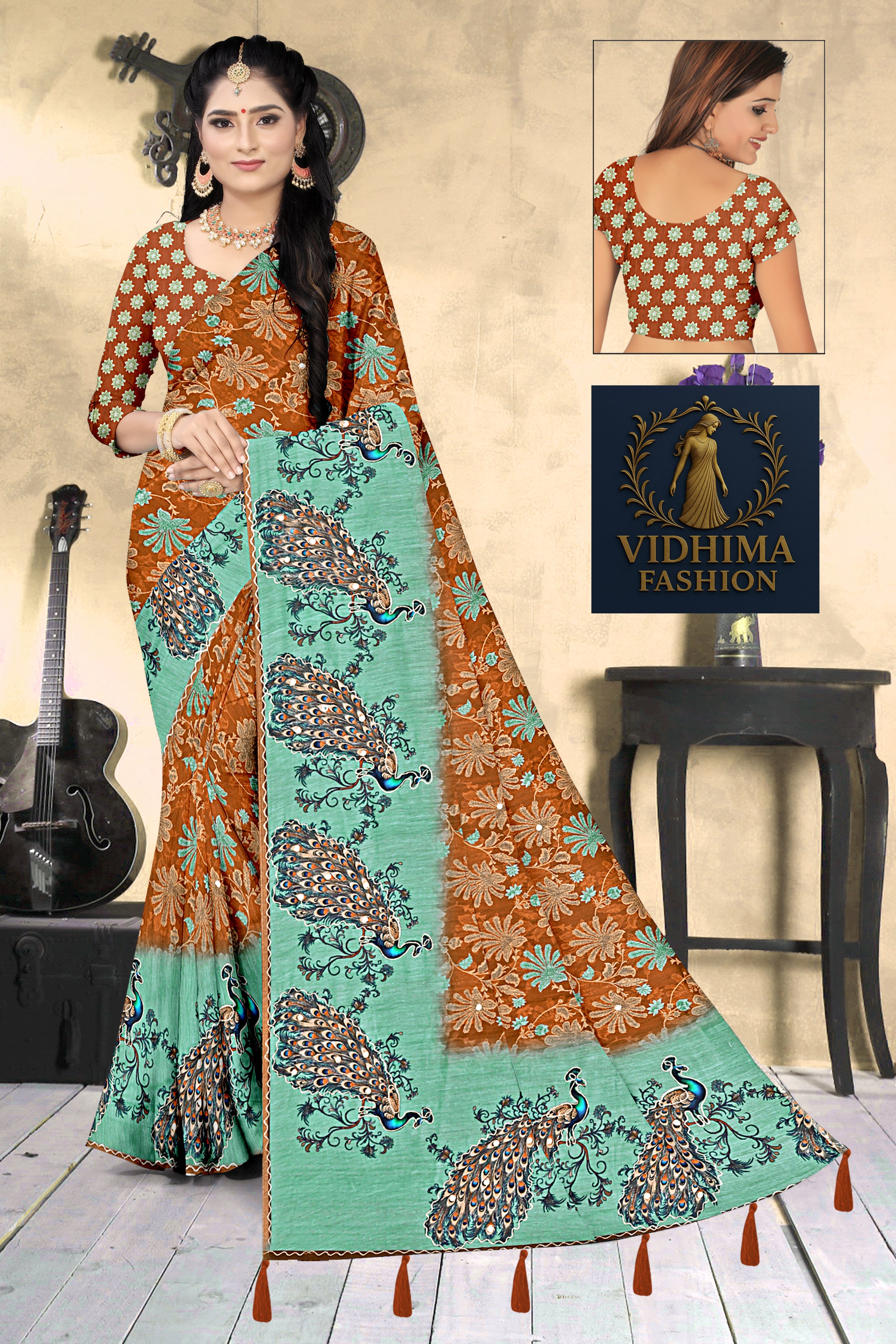 Rust Orange & Aqua Peacock Print Georgette Saree