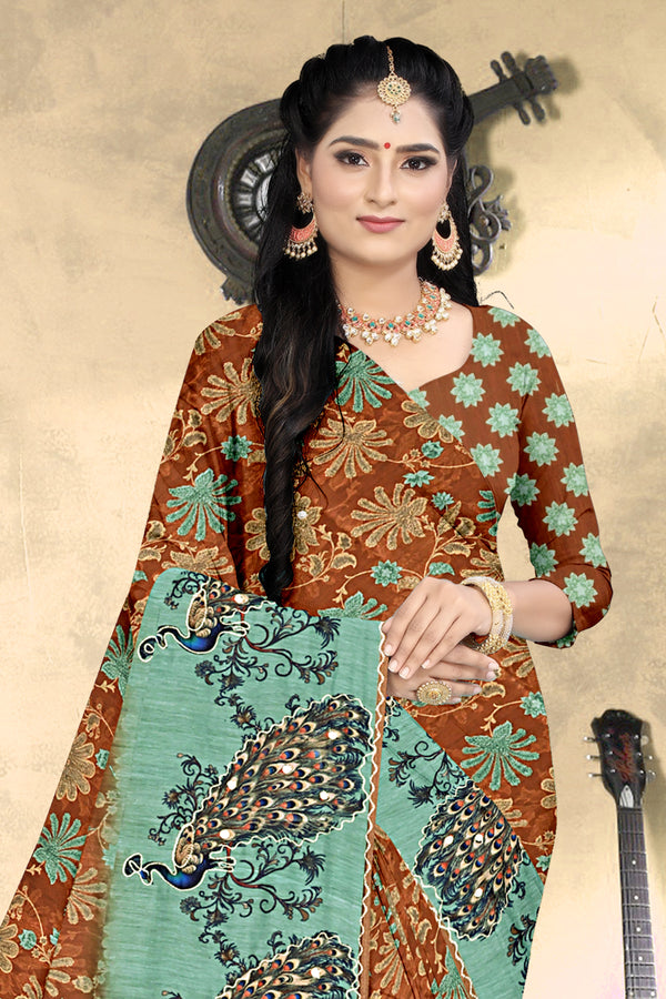 Rust Orange & Aqua Peacock Print Georgette Saree