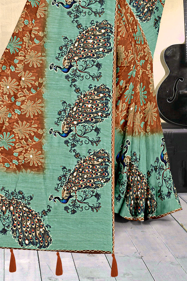Rust Orange & Aqua Peacock Print Georgette Saree