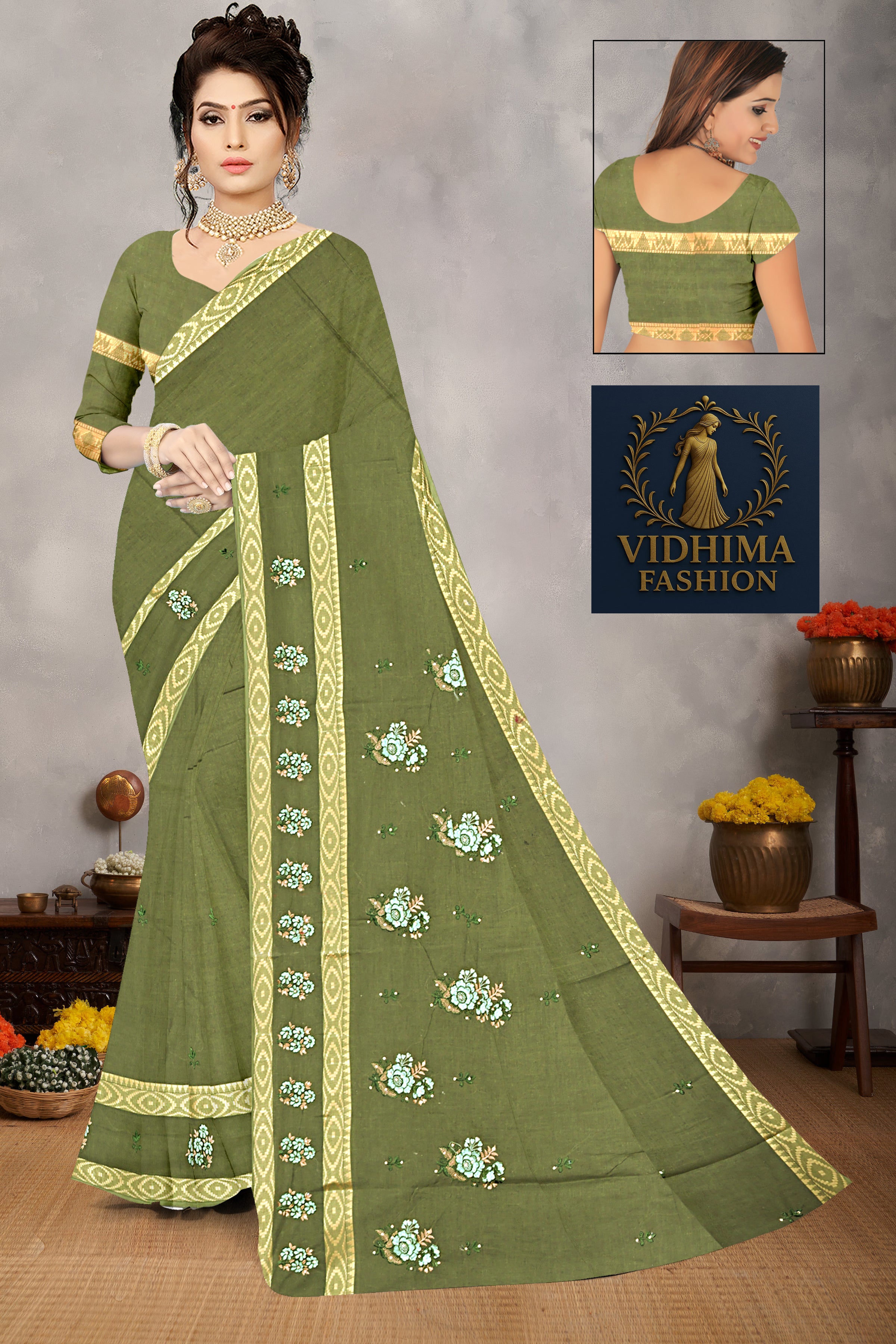Olive Green Floral Embroidered Cotton Saree