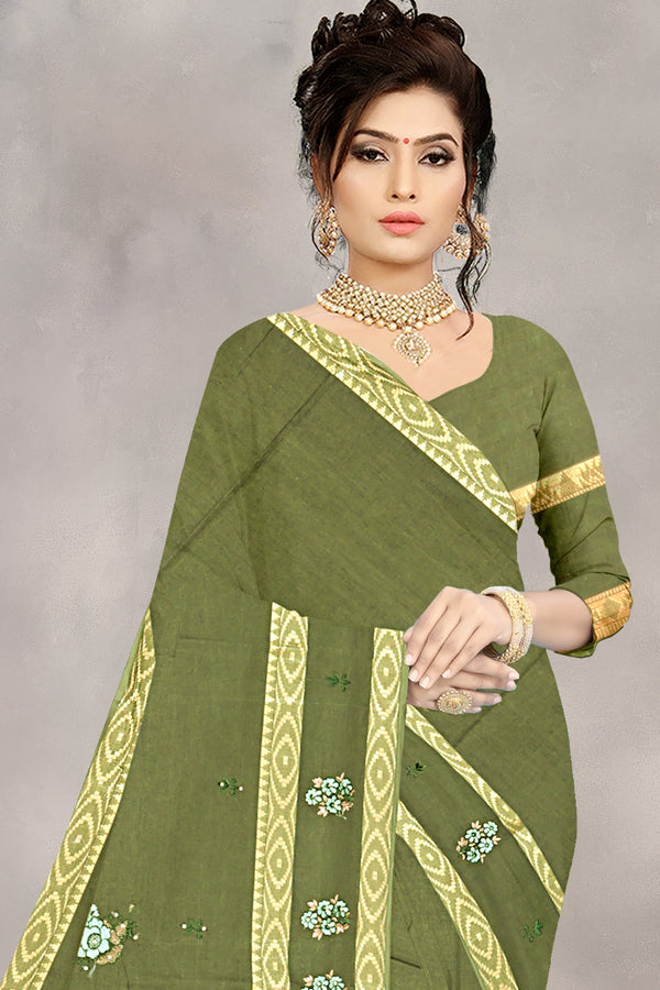 Olive Green Floral Embroidered Cotton Saree
