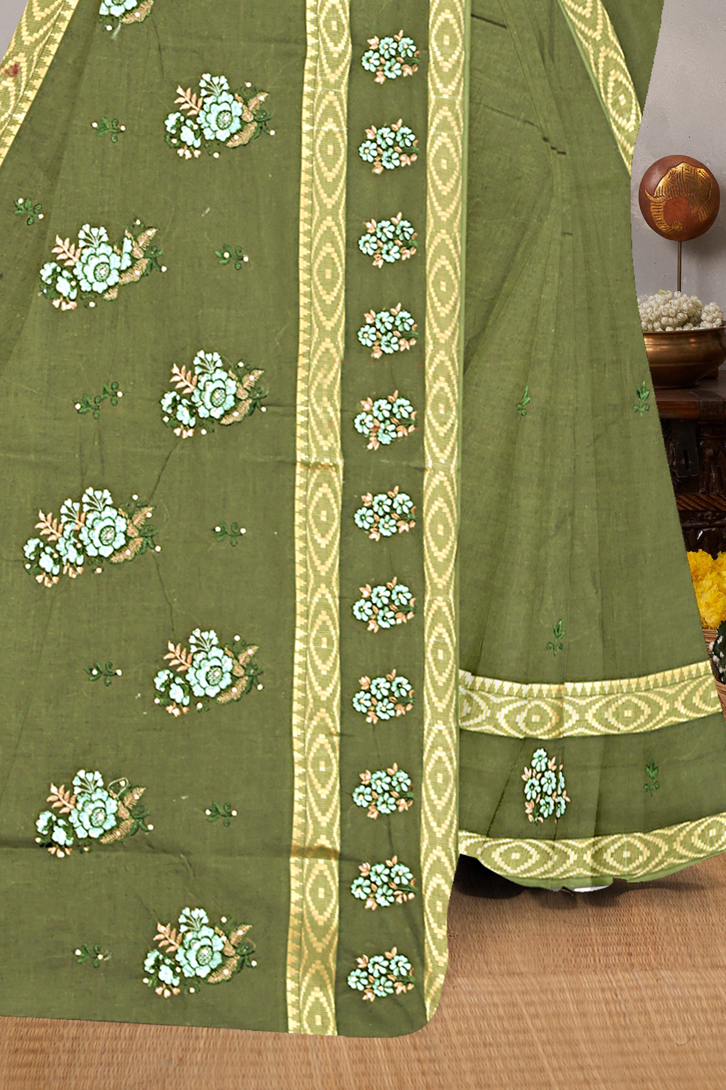 Olive Green Floral Embroidered Cotton Saree