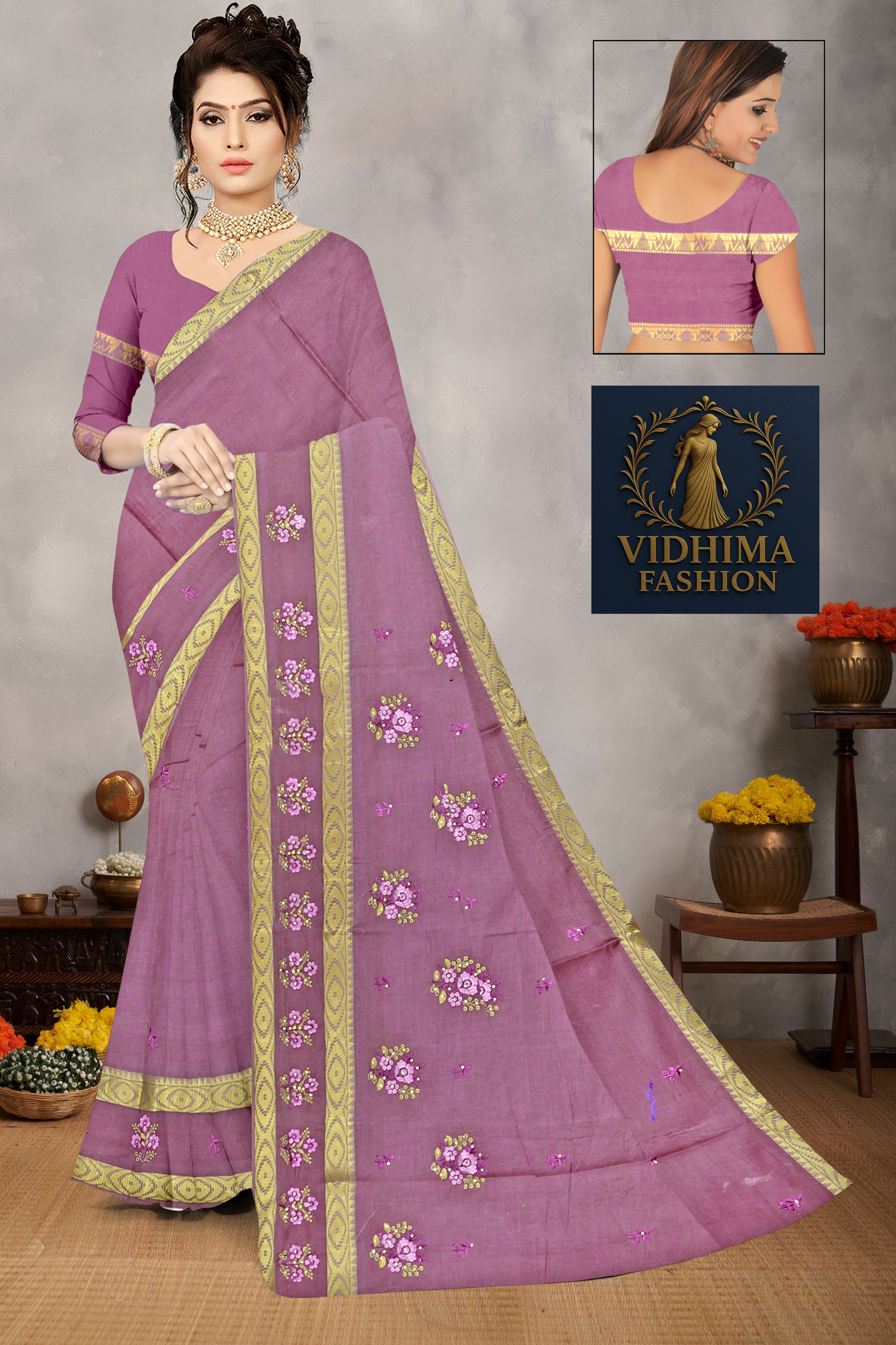 Dusty Rose Floral Embroidered Cotton Saree
