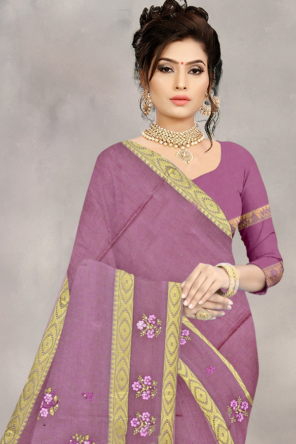 Dusty Rose Floral Embroidered Cotton Saree