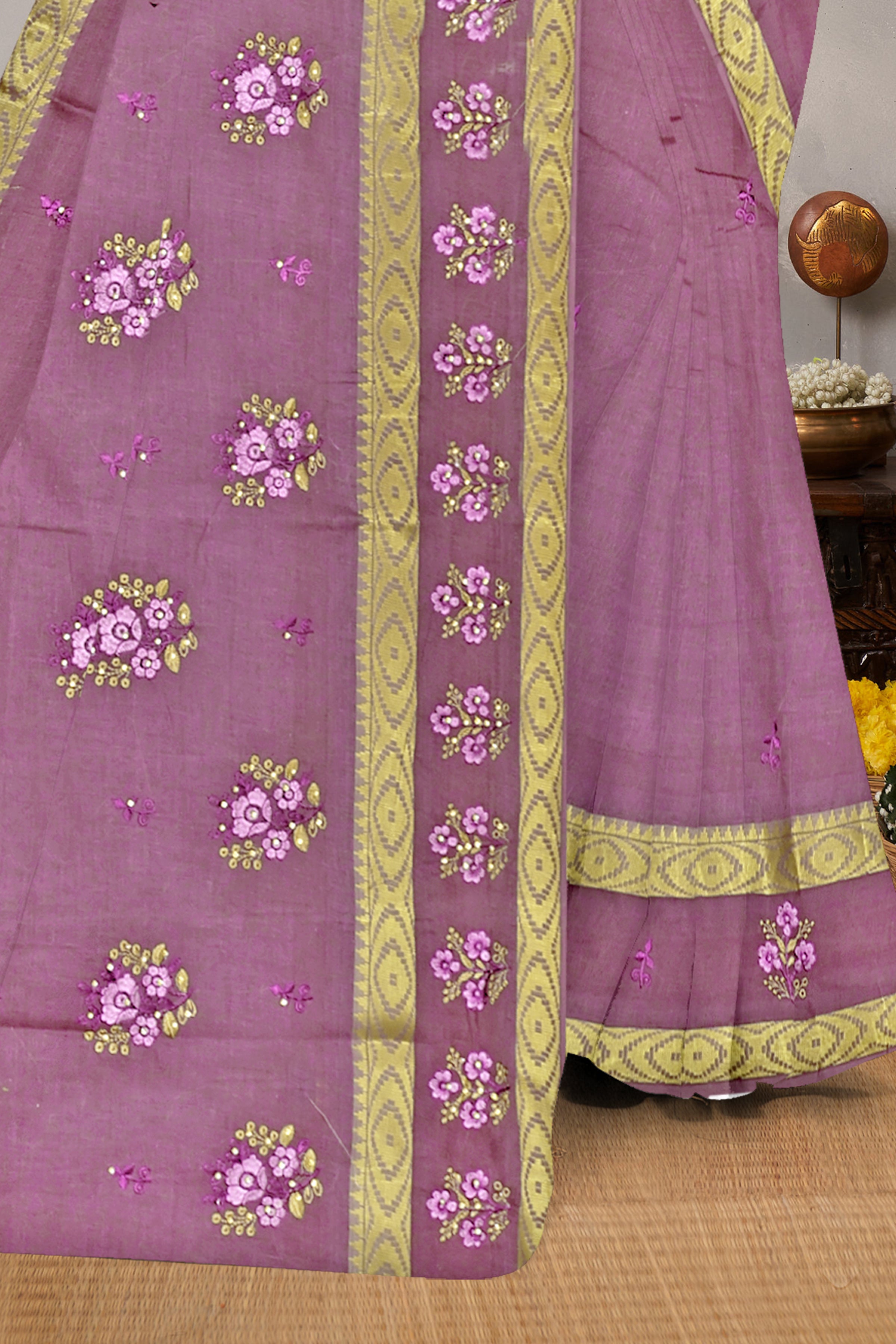 Dusty Rose Floral Embroidered Cotton Saree