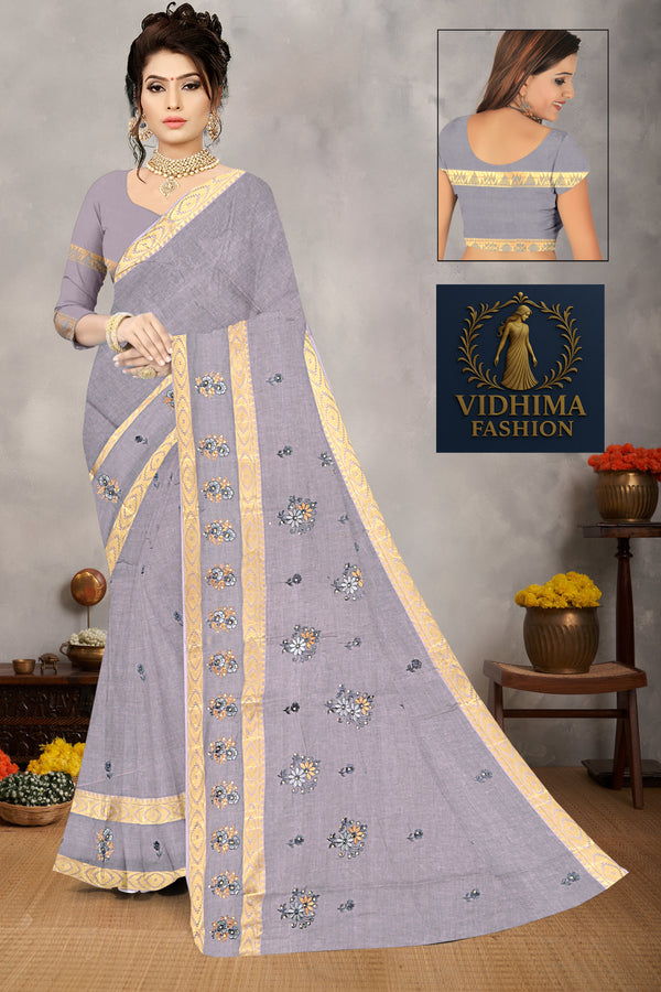 Smokey Lavender Floral Embroidered Cotton Saree