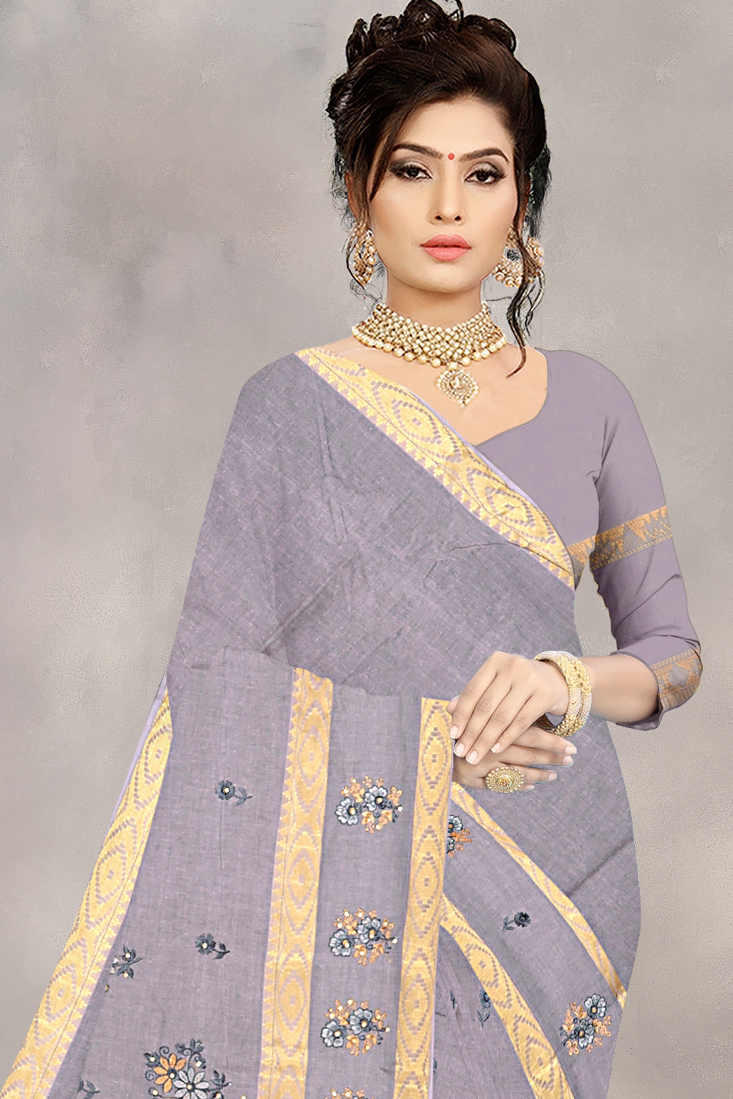 Smokey Lavender Floral Embroidered Cotton Saree