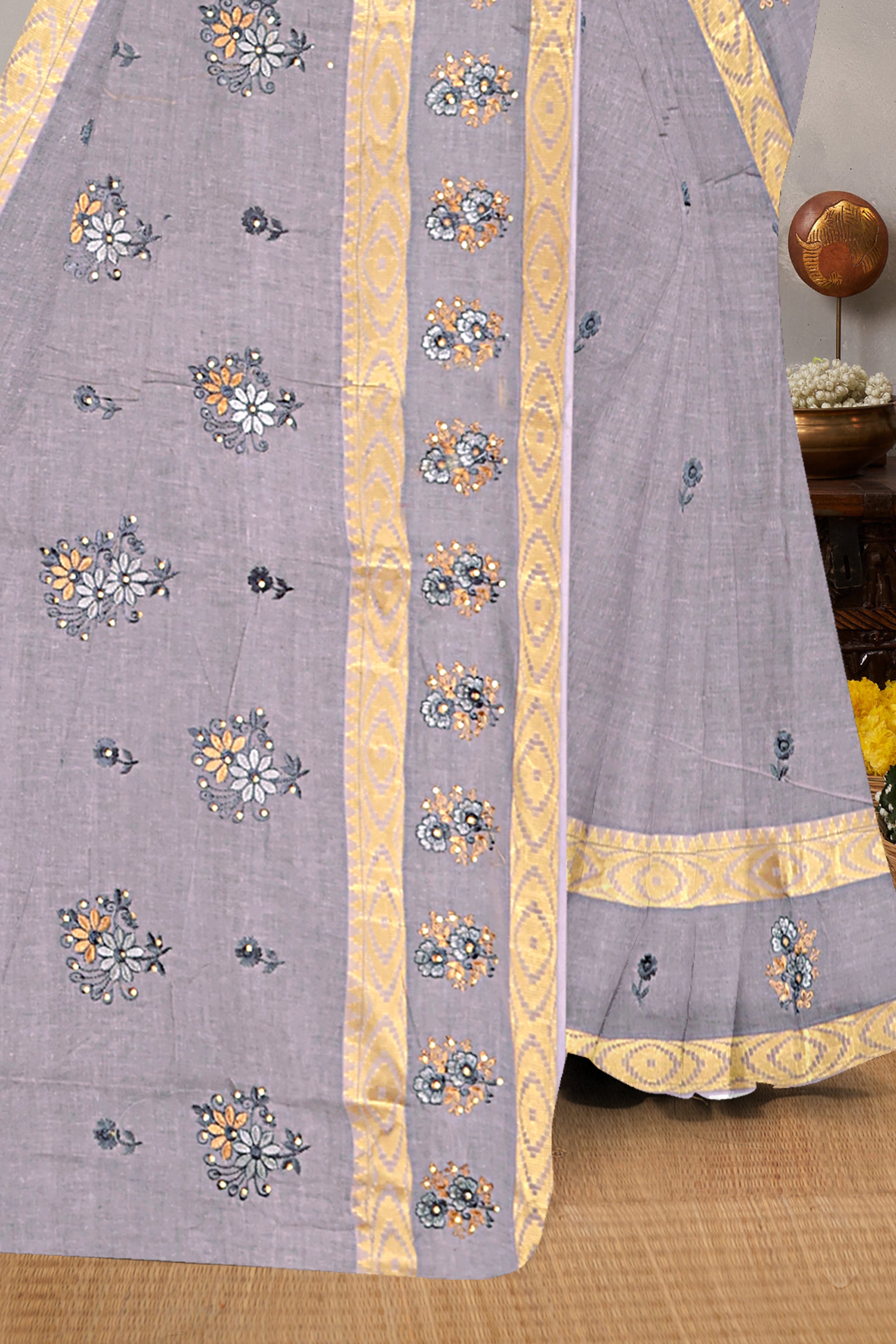 Smokey Lavender Floral Embroidered Cotton Saree