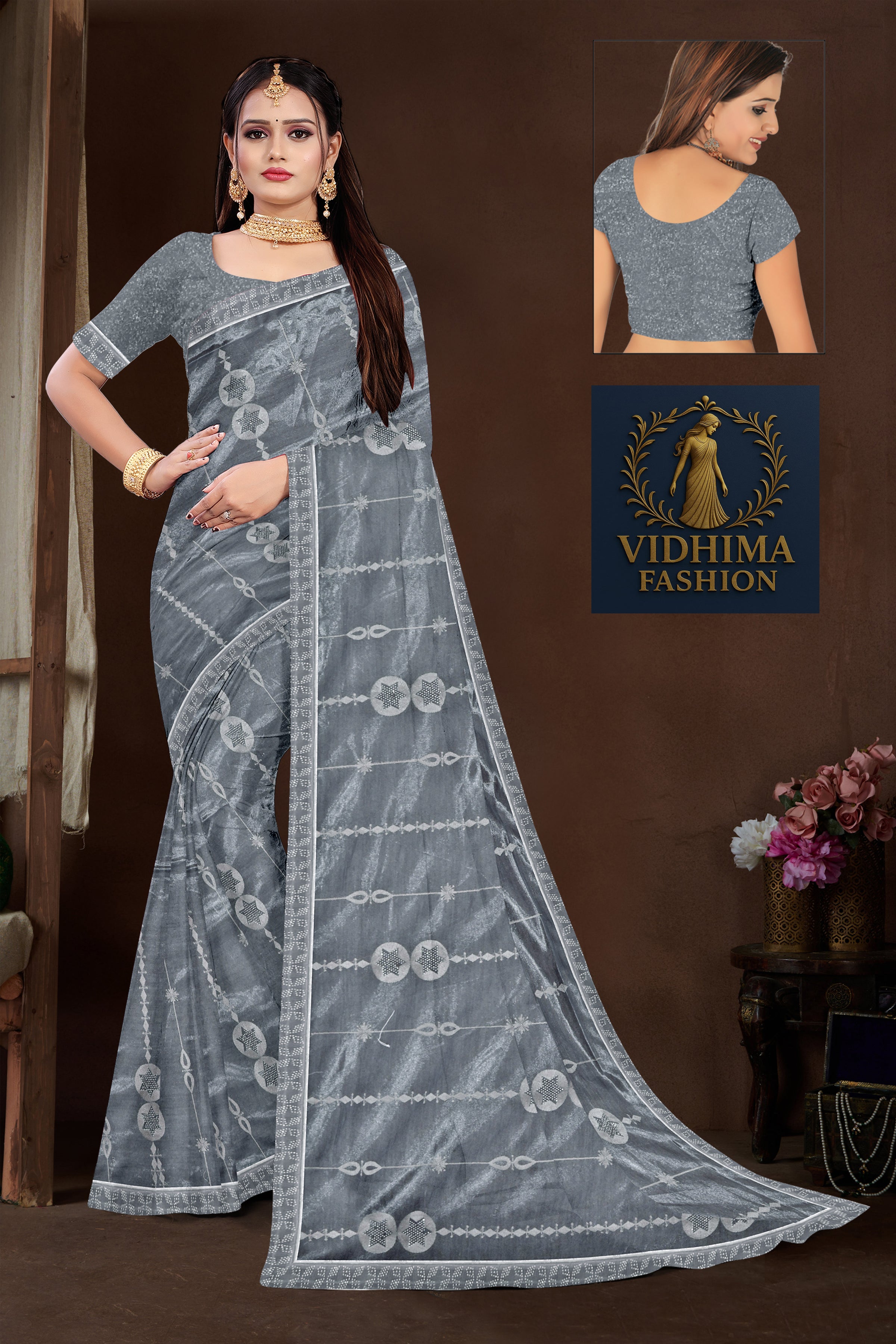 Steel Grey Embroidered Organza Saree