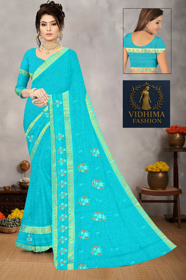 Turquoise Blue Floral Embroidered Cotton Saree