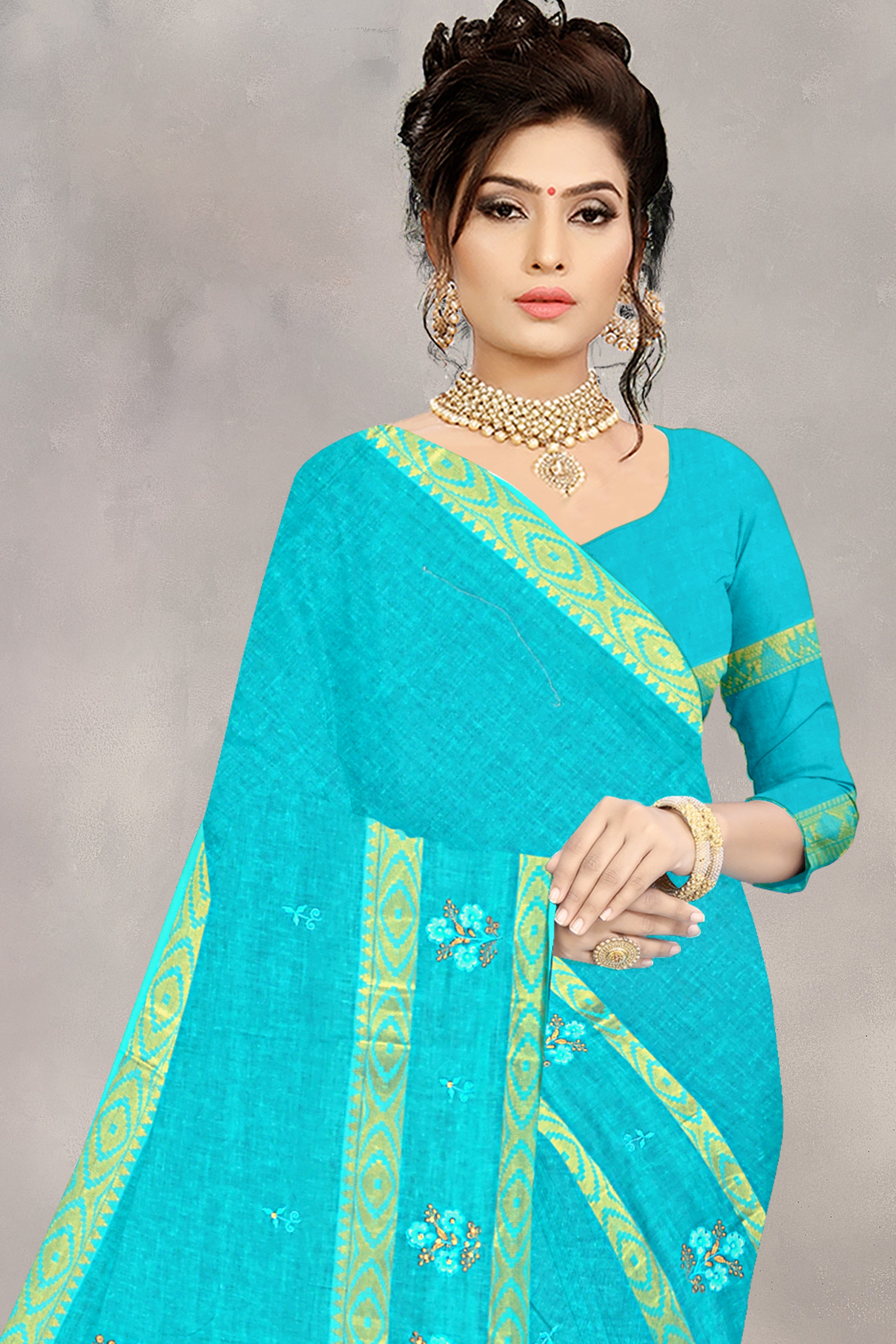 Turquoise Blue Floral Embroidered Cotton Saree