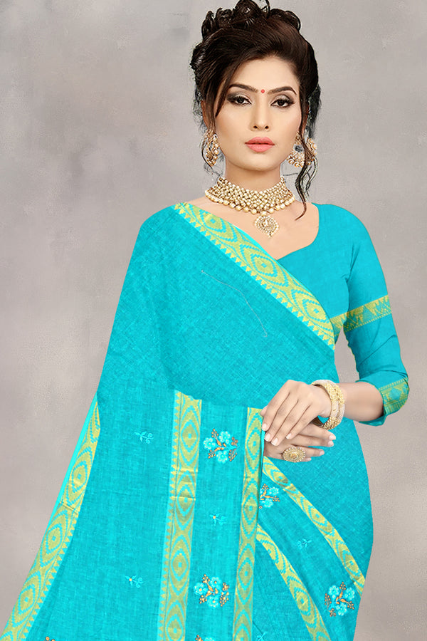 Turquoise Blue Floral Embroidered Cotton Saree