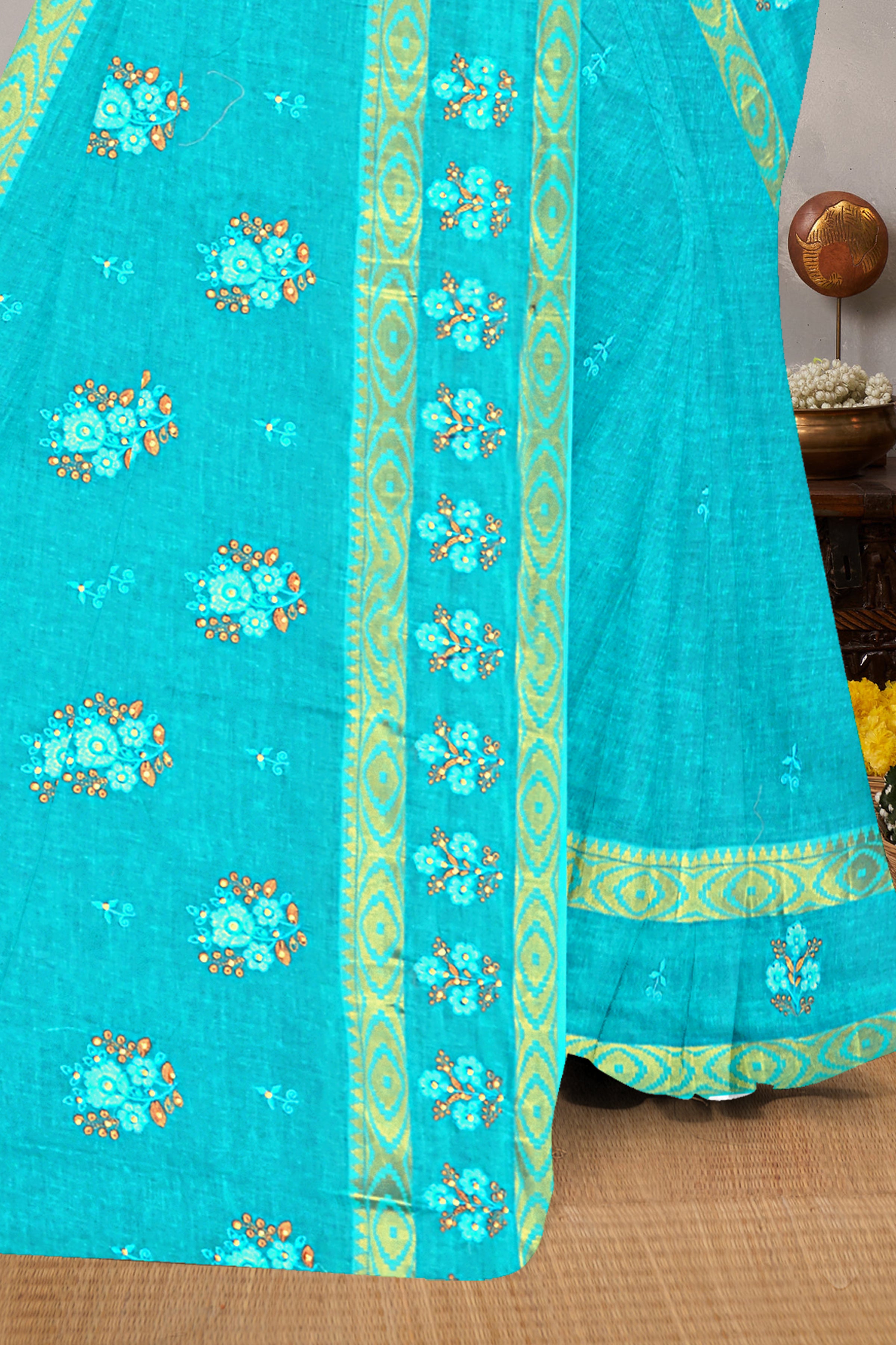 Turquoise Blue Floral Embroidered Cotton Saree