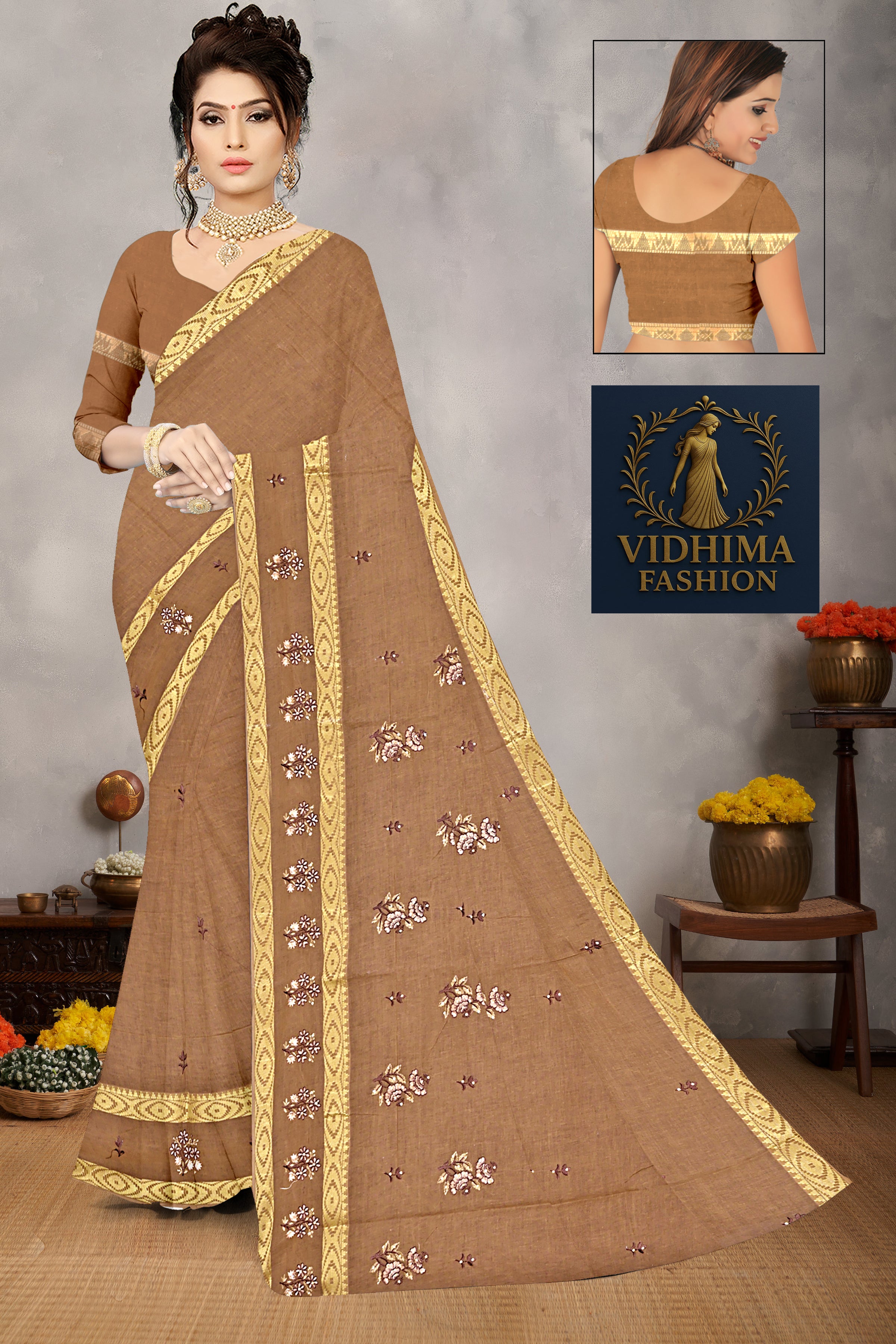 Coffee Brown Floral Embroidered Cotton Saree