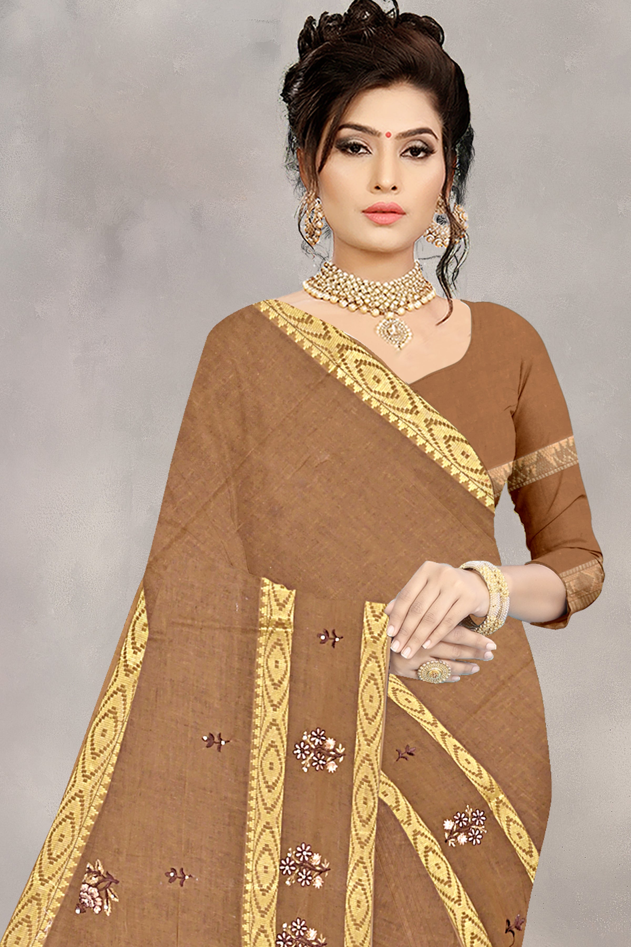 Coffee Brown Floral Embroidered Cotton Saree