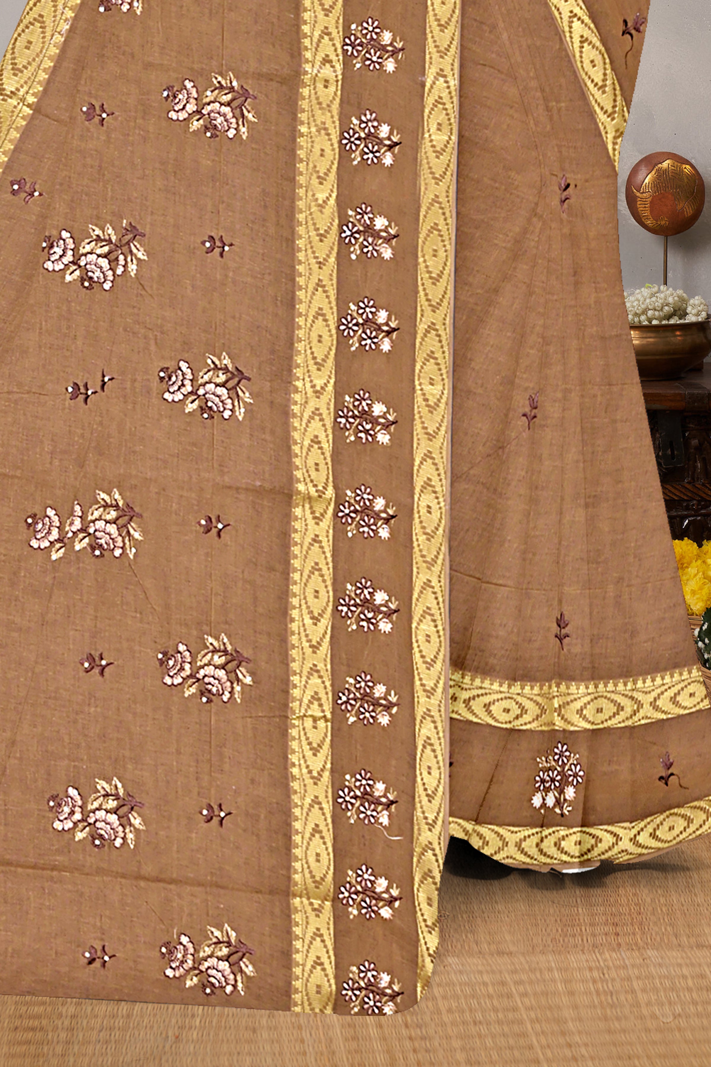 Coffee Brown Floral Embroidered Cotton Saree