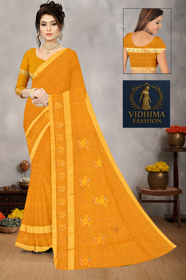 Golden Mustard Floral Embroidered Cotton Saree
